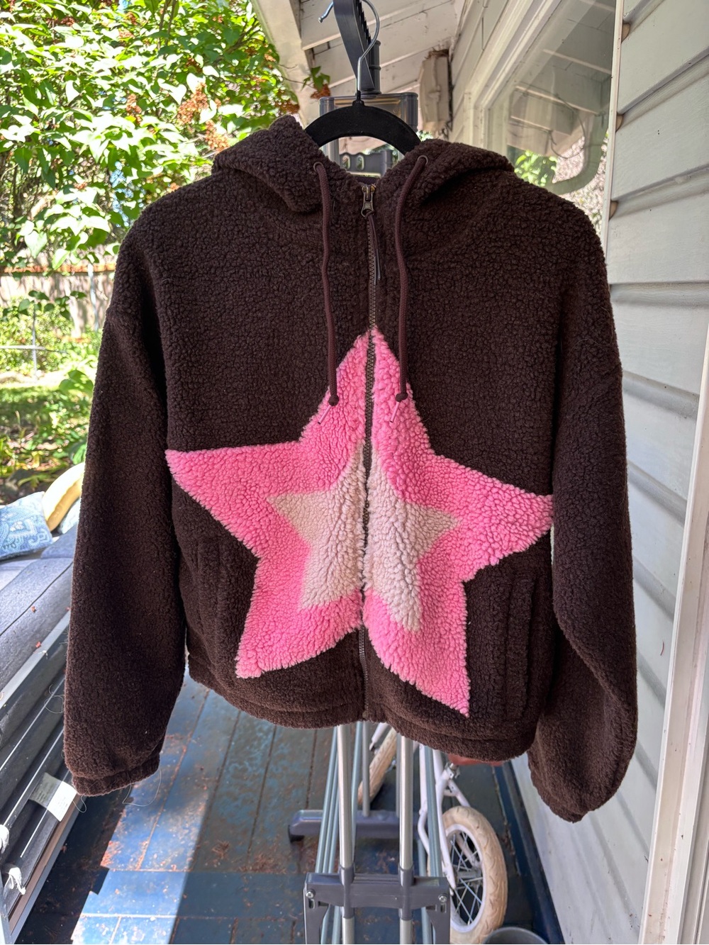 Brown Sherpa bear Zip Hoodie with Pink Star